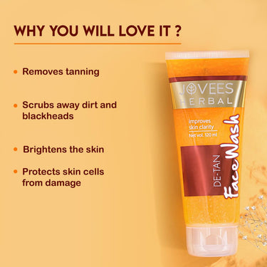 Jovees Herbal Detan Facewash For Glowing and Clear Skin With Liquorice & bearberry Ext. | Gentle Cleanser For Brighten, Even Tone and Hydrates Skin | Suitable for All Skin Types - 120ml